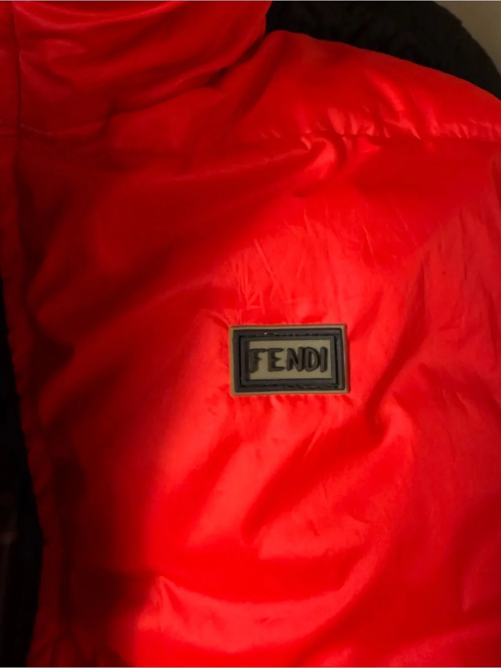 Fendi Logo Puffer Jacket in Brown, Black & Red